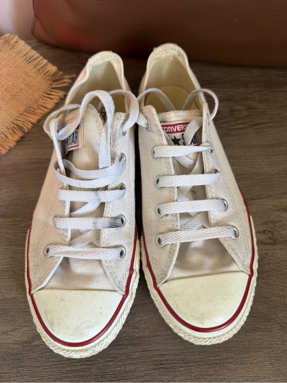 Converse Men’s Low-Top Canvas Sneakers in Off-White with Red Trim